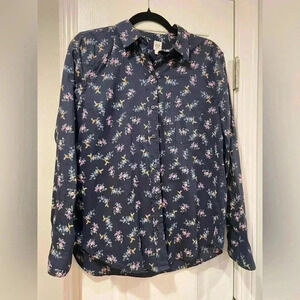 Gap Navy Blue Floral Cotton Long Sleeve Collared Button Down Size Small